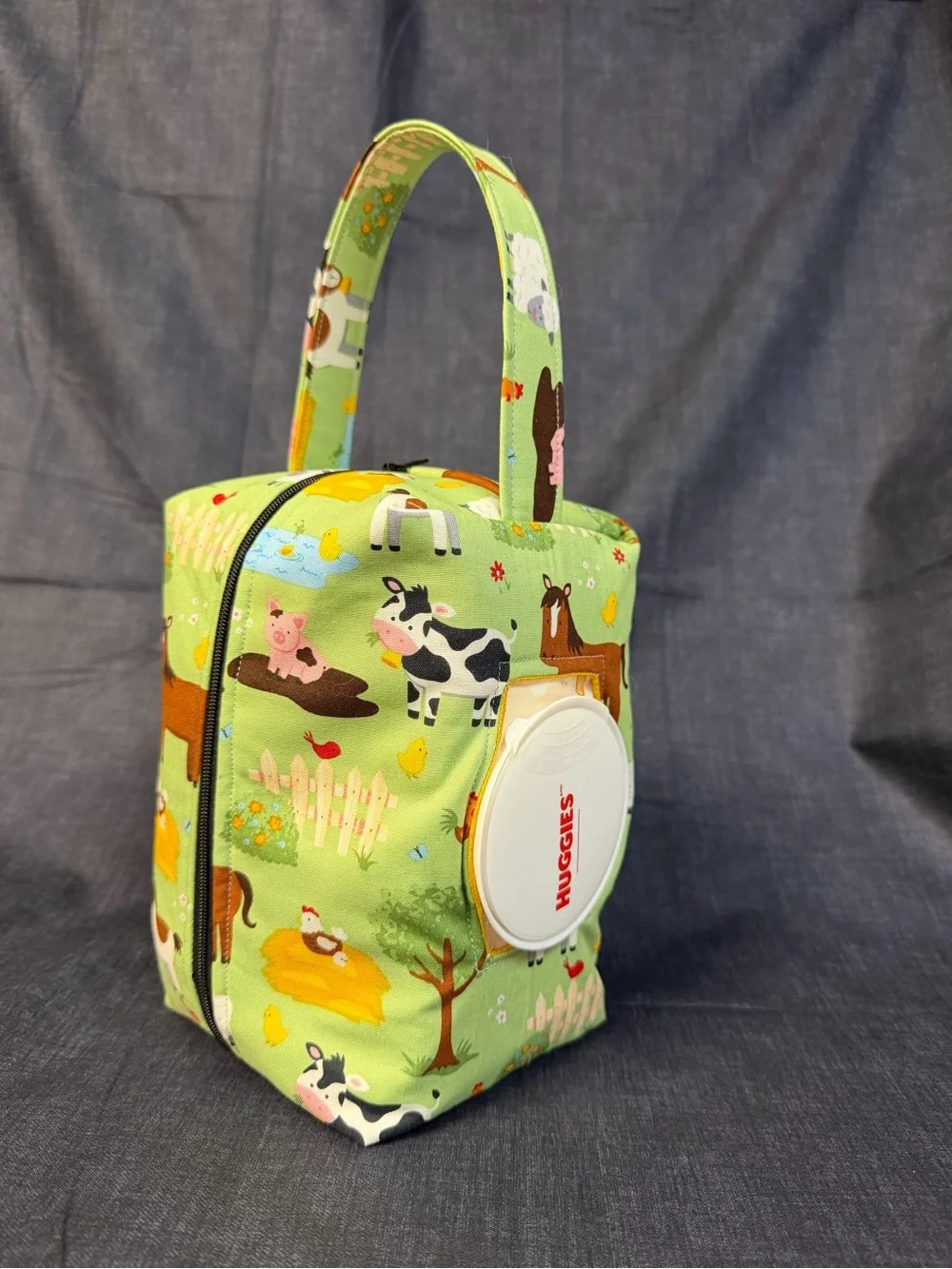 Green Farm-Print Wipes Bag with Carry Handle